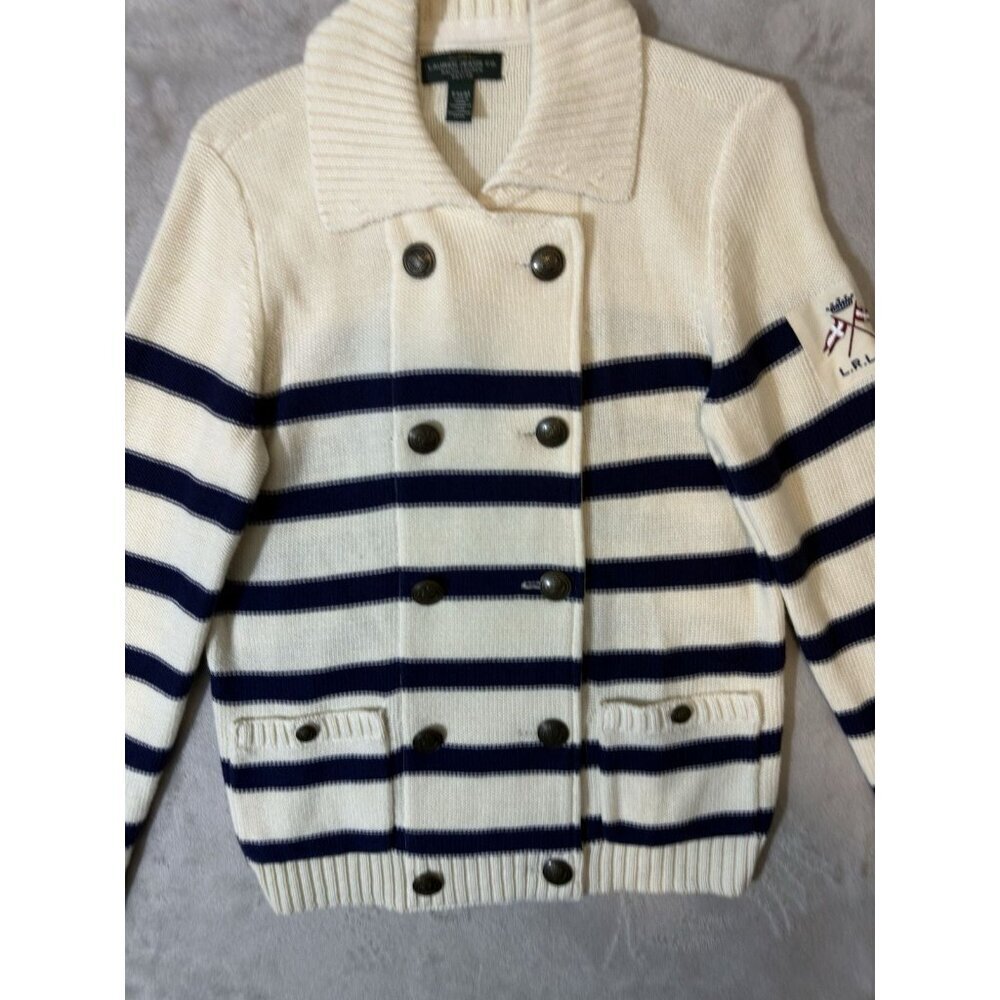 Lauren Ralph Lauren Women's Nautical Striped Cardigan Cream Navy Petite Medium - Picture 2 of 6